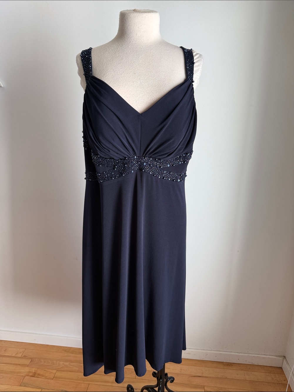 Navy Beaded Empire-Waist Evening Dress